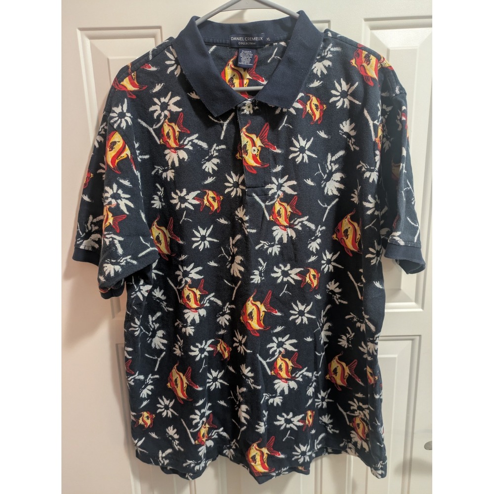 Daniel Cremieux Collection Mens XL Navy Blue Tropical Fish Floral Cotton Polo